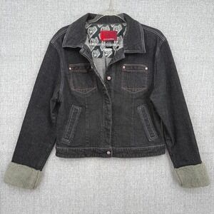 Johnny Blaze Denim Jacket Faux Fur Cuffs‎ Western Pockets Black Jean Sz  L Y2K